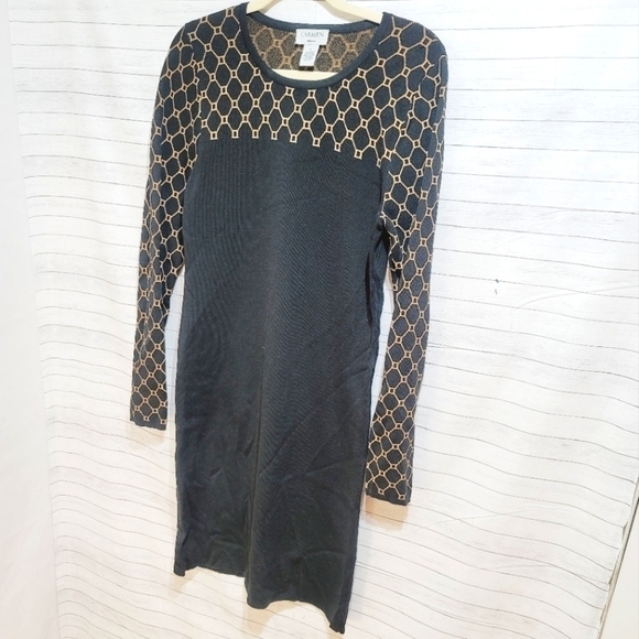 Carmen Marc Valvo Black and Tan Knit Sweater Dress, sz Large - Picture 2 of 7
